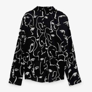Zara Black and White Abstract Print Long Sleeve Blouse
